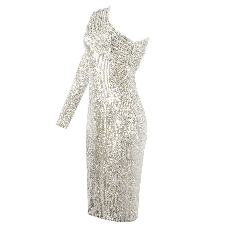 Vestido midi de un solo hombro, glamoroso y brillante