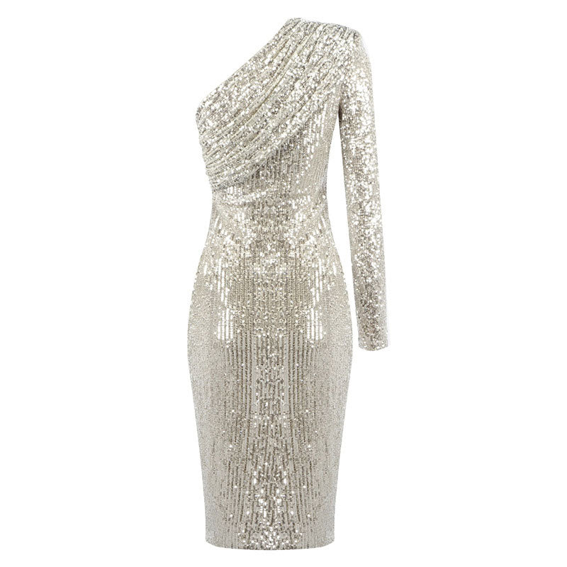 Vestido midi de un solo hombro, glamoroso y brillante